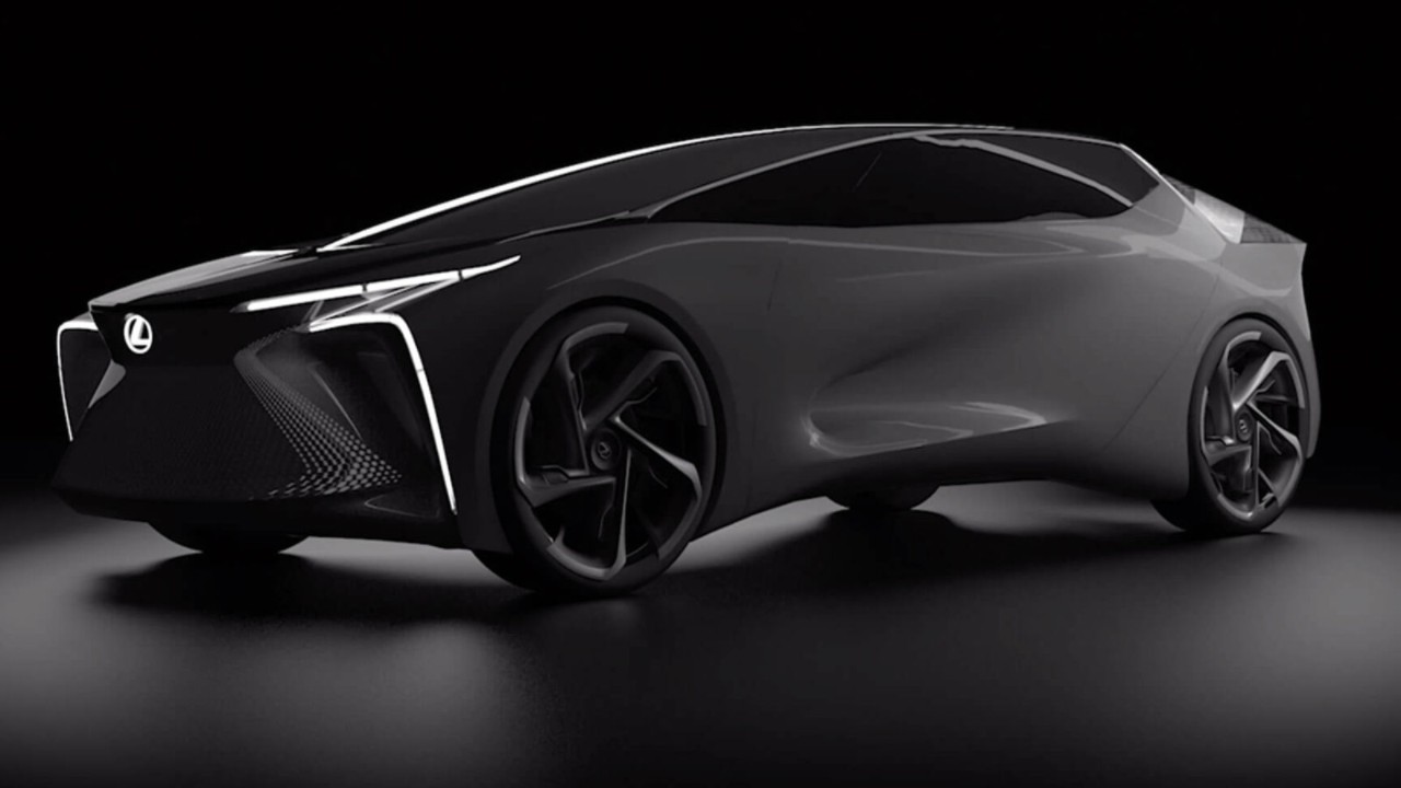 Lexus L Scheinwerfer an im Dunkeln mit leuchtendem Lexus Emblem 