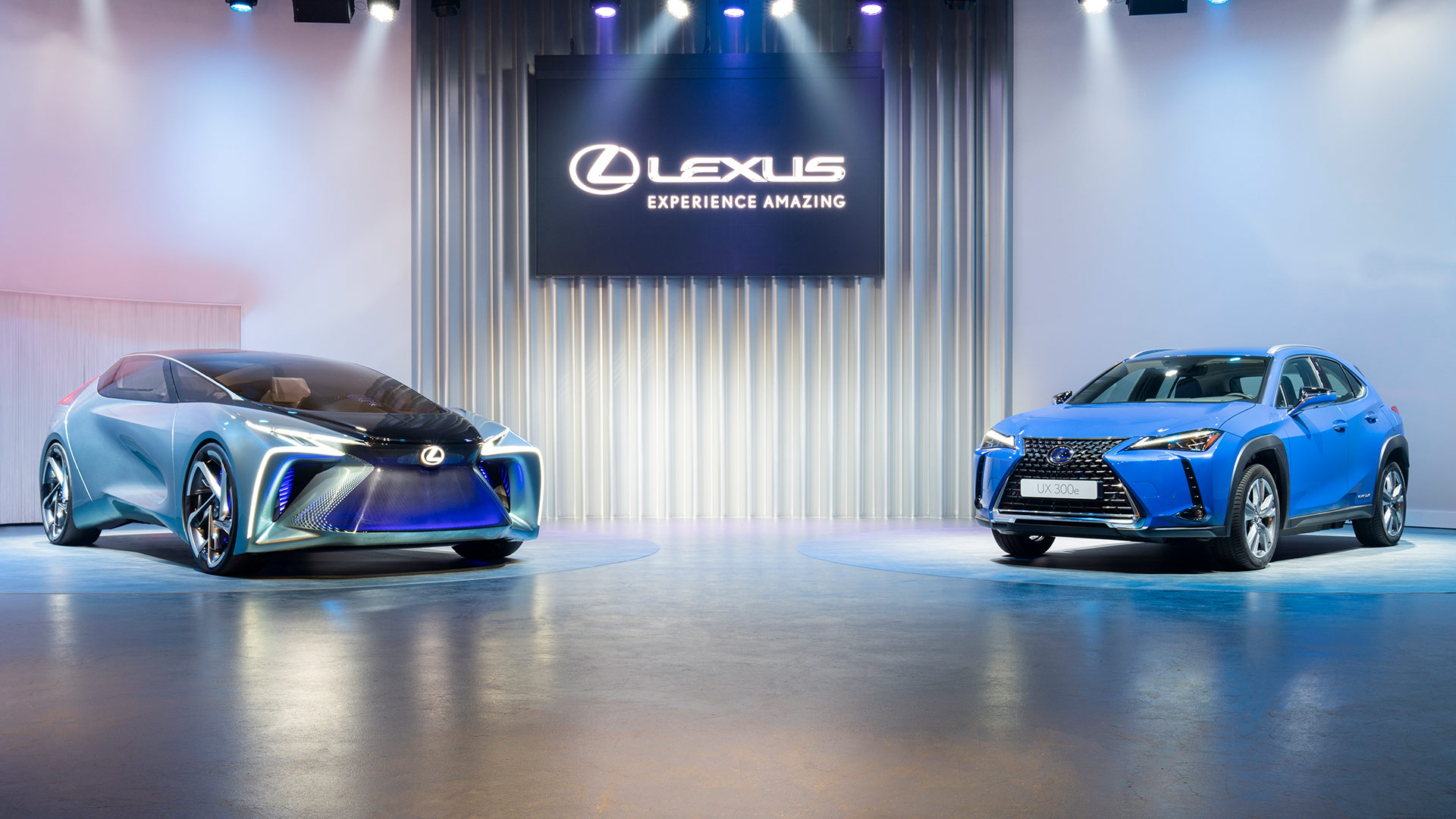 zwei Lexus Modelle in einer Vorführhalle