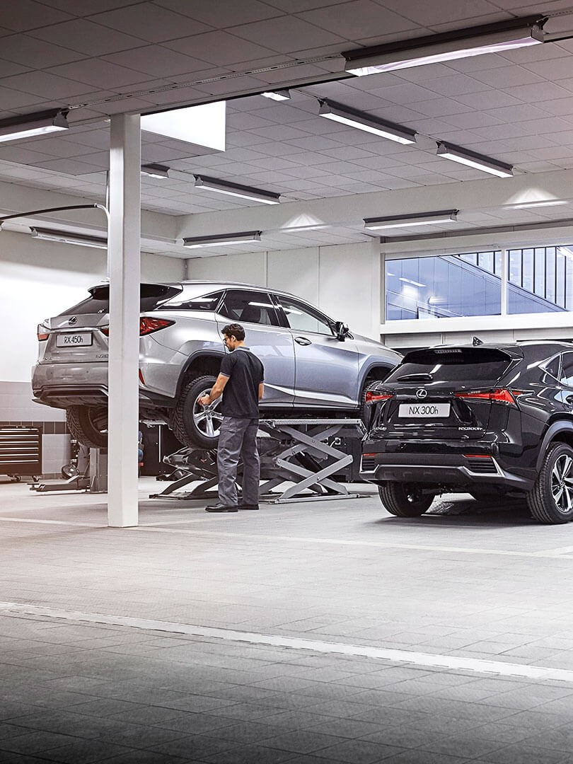 Lexus RX450h und Lexus NX300h in einer Werkstatt