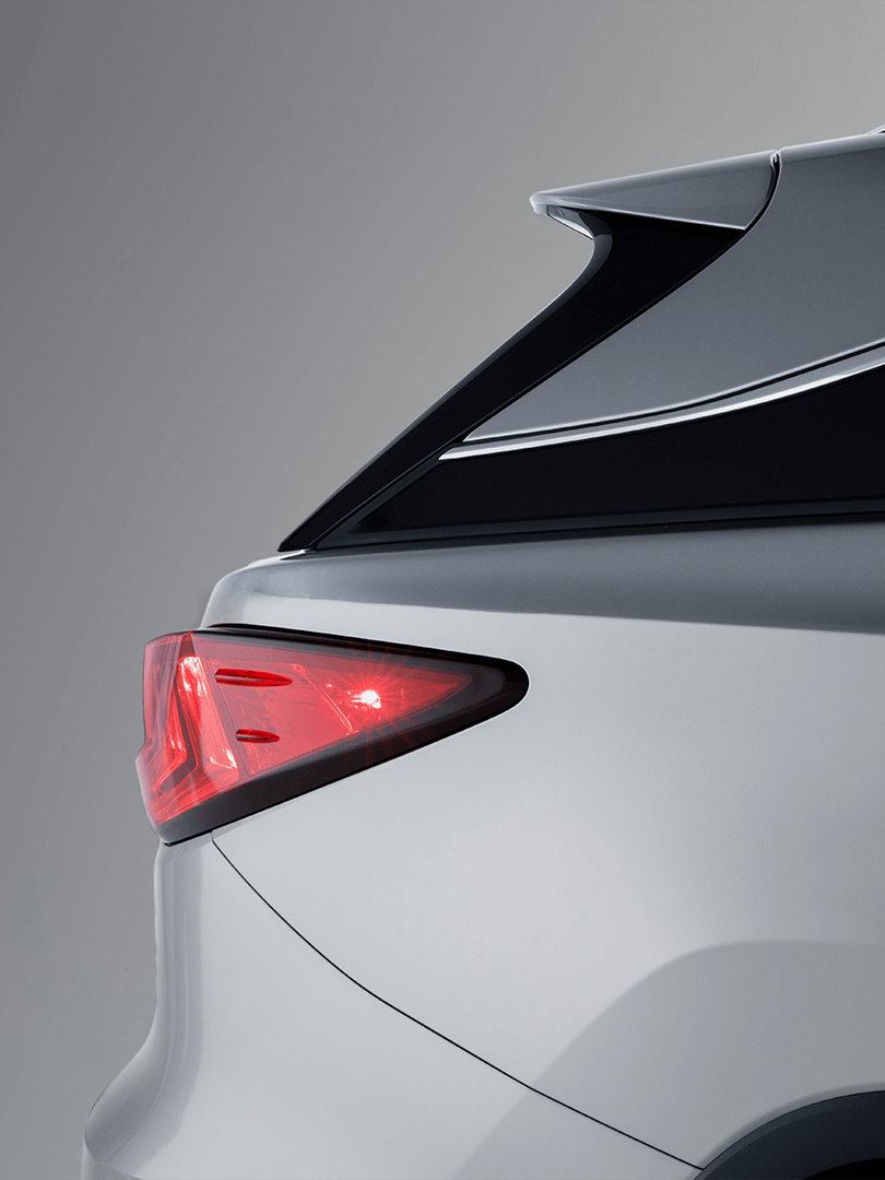 Seitliche Heckansicht eines silbernen Lexus RX L