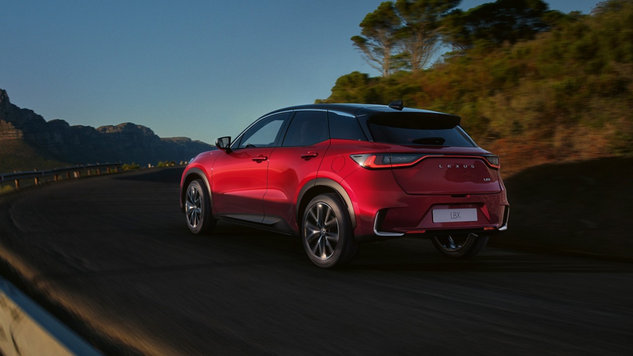 Lexus LBX driving in a rural location