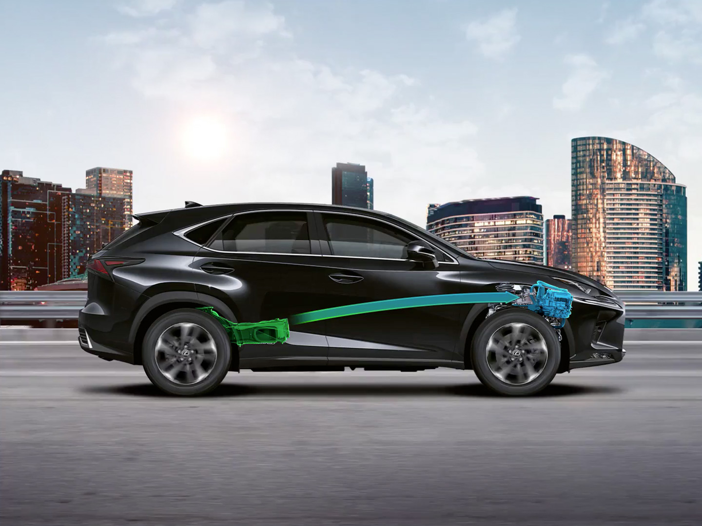 Abbildung eines Lexus in der Seitenansicht mit grafisch dargestelltem Hybridantrieb