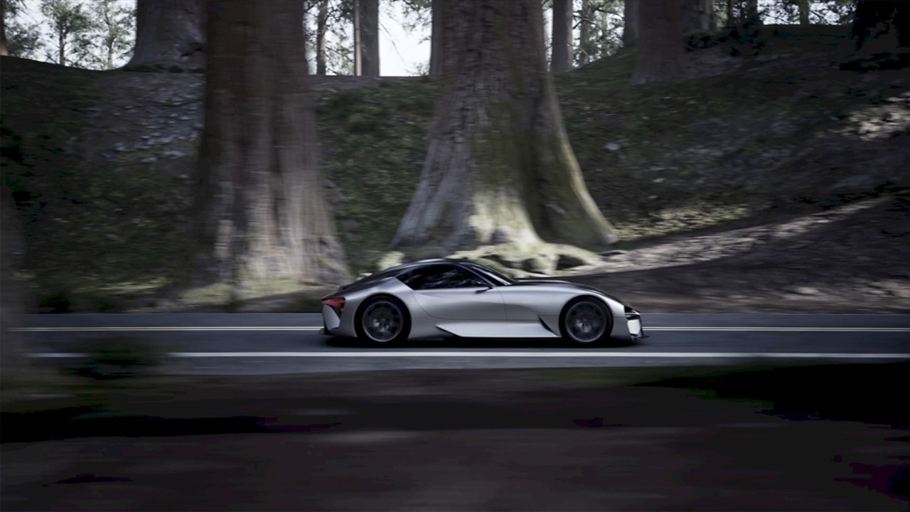 side view of the Lexus Electrified Sport Concept driving through a wooded area